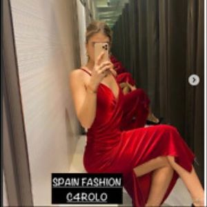 Zara Red Asymmetrical Slip Dress with Plunge Neckline